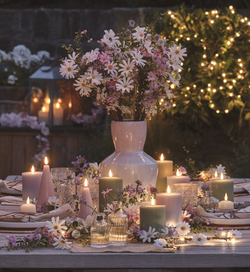 Frühlingshaft dekorierter Tisch mit Kerzen, Blumen und warm leuchtenden Lichterketten im Hintergrund.