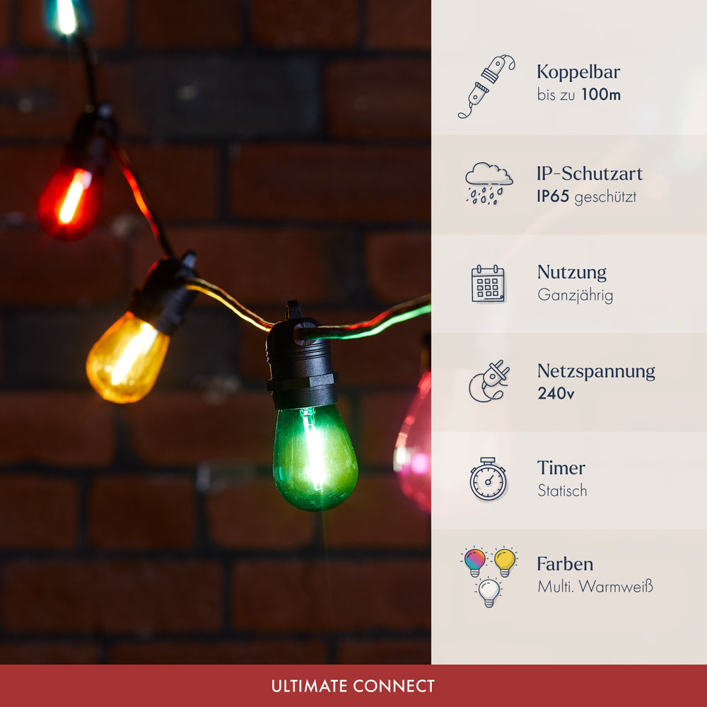 Bunte LED Lichterkette mit Produktinfos zu Koppelbarkeit, IP65, Nutzung, Netzspannung und Farben
