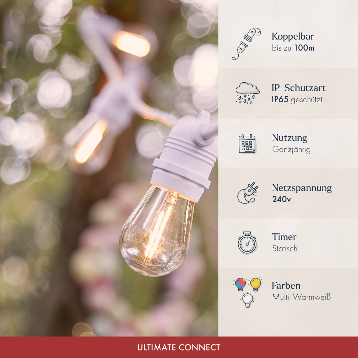 Produktbild mit Icons zu Eigenschaften der koppelbaren LED-Lichterkette in warmweiß