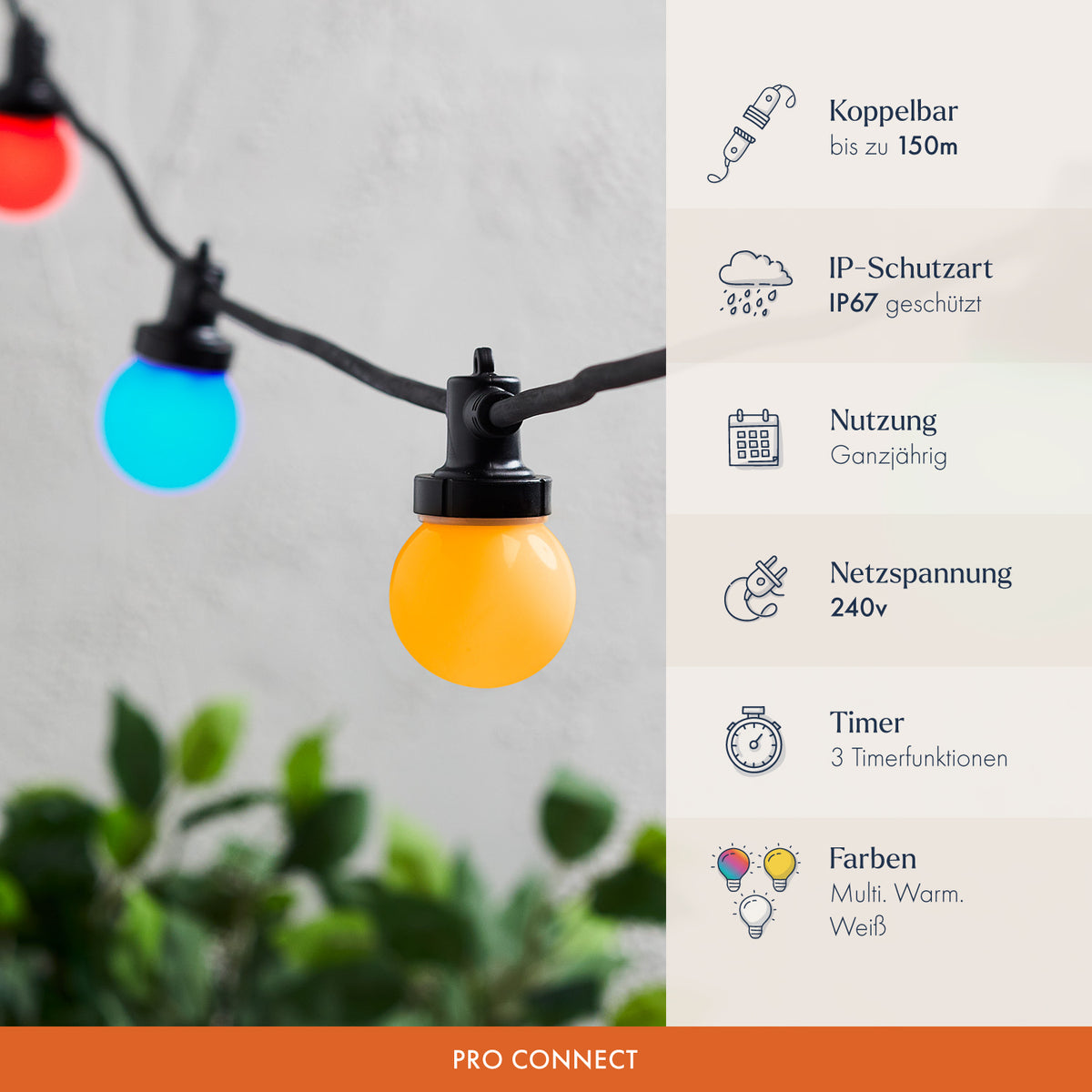 Party-Lichterkette mit IP67-Schutz, technischen Details und Symbolen auf hellem Hintergrund