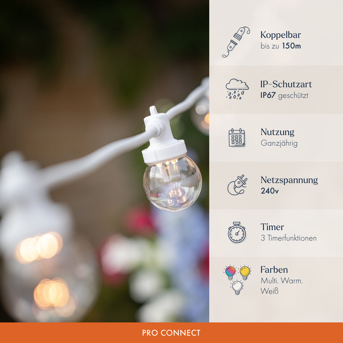 Nahaufnahme einer warmweißen LED-Glühbirne an weißem Kabel mit Produktmerkmalen rechts