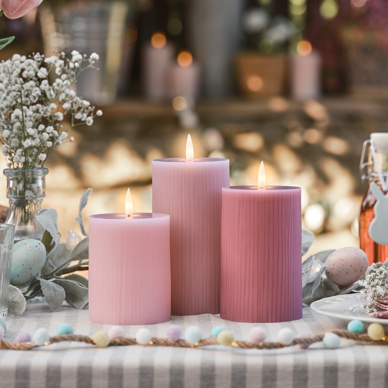 TruGlow® LED Kerzen Echtwach Trio geriffelt rosa
