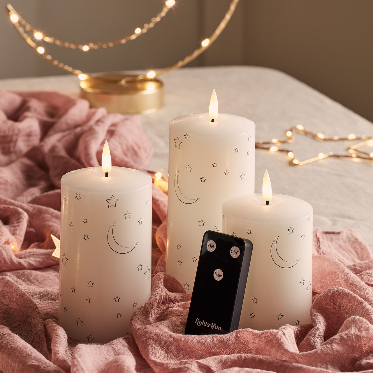 TruGlow® LED Kerzen Echtwachs Trio Mond und Sterne mit Fernbedienung