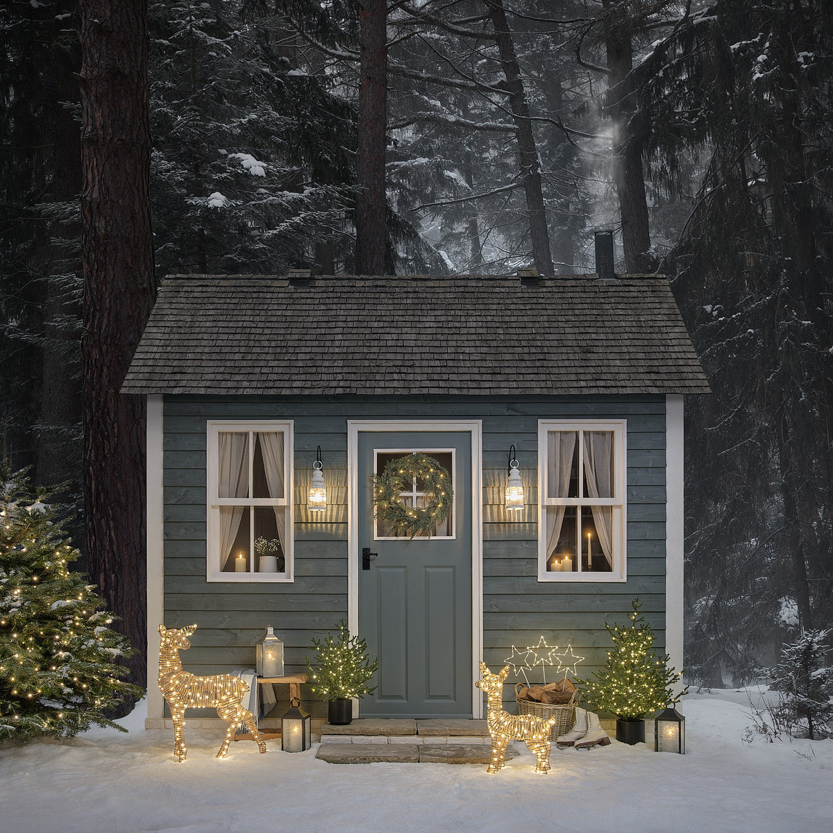 Winterliche Haustür mit beleuchteten LED-Weihnachtsbäumen im Topf und Lichterdeko