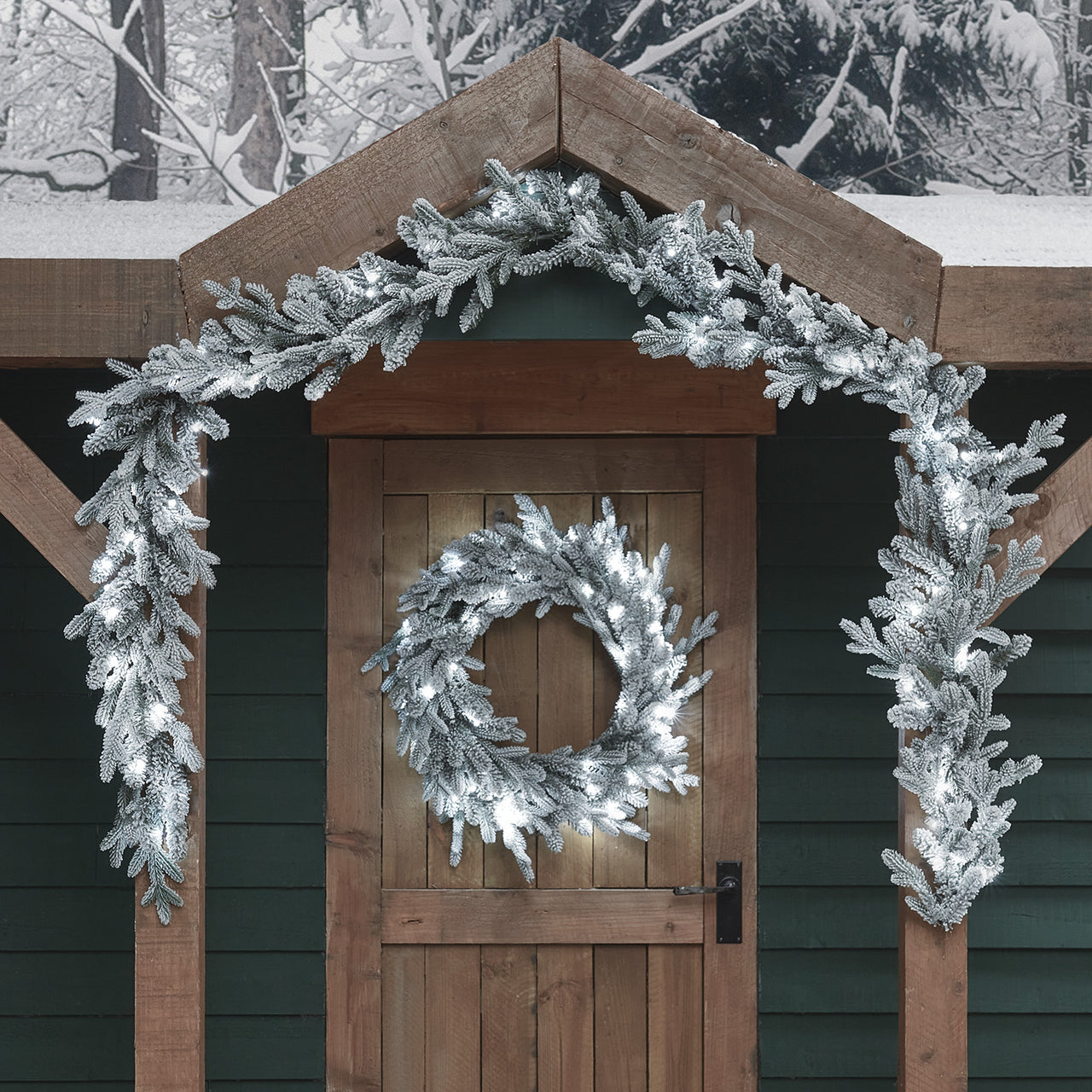 60cm verschneiter Outdoor-Kranz und 2m Weihnachtsgirlande mit Beleuchtung