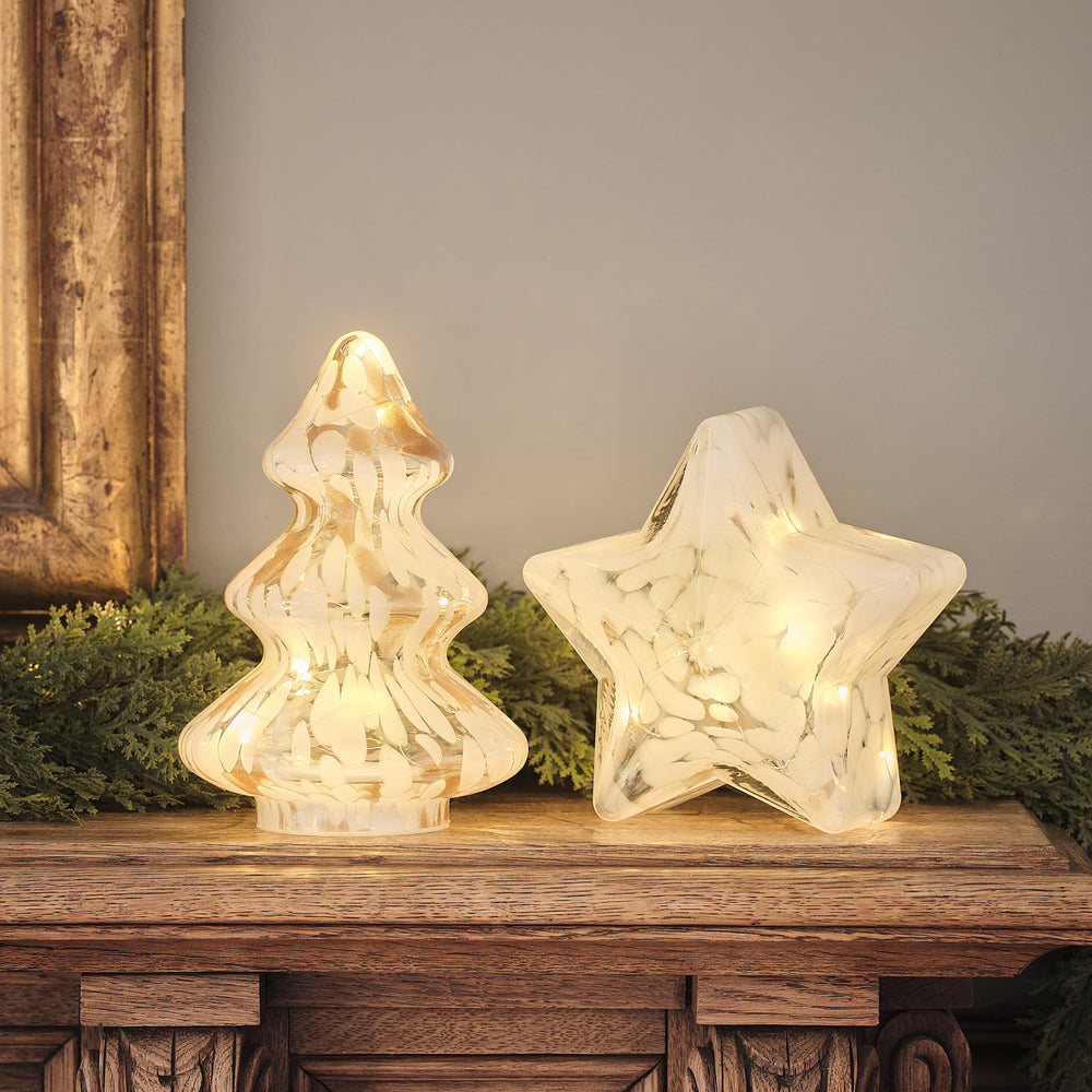 Beleuchtetes 2er Set Glas-Weihnachtsdeko mit Stern und Baum in Champagner und Weiß
