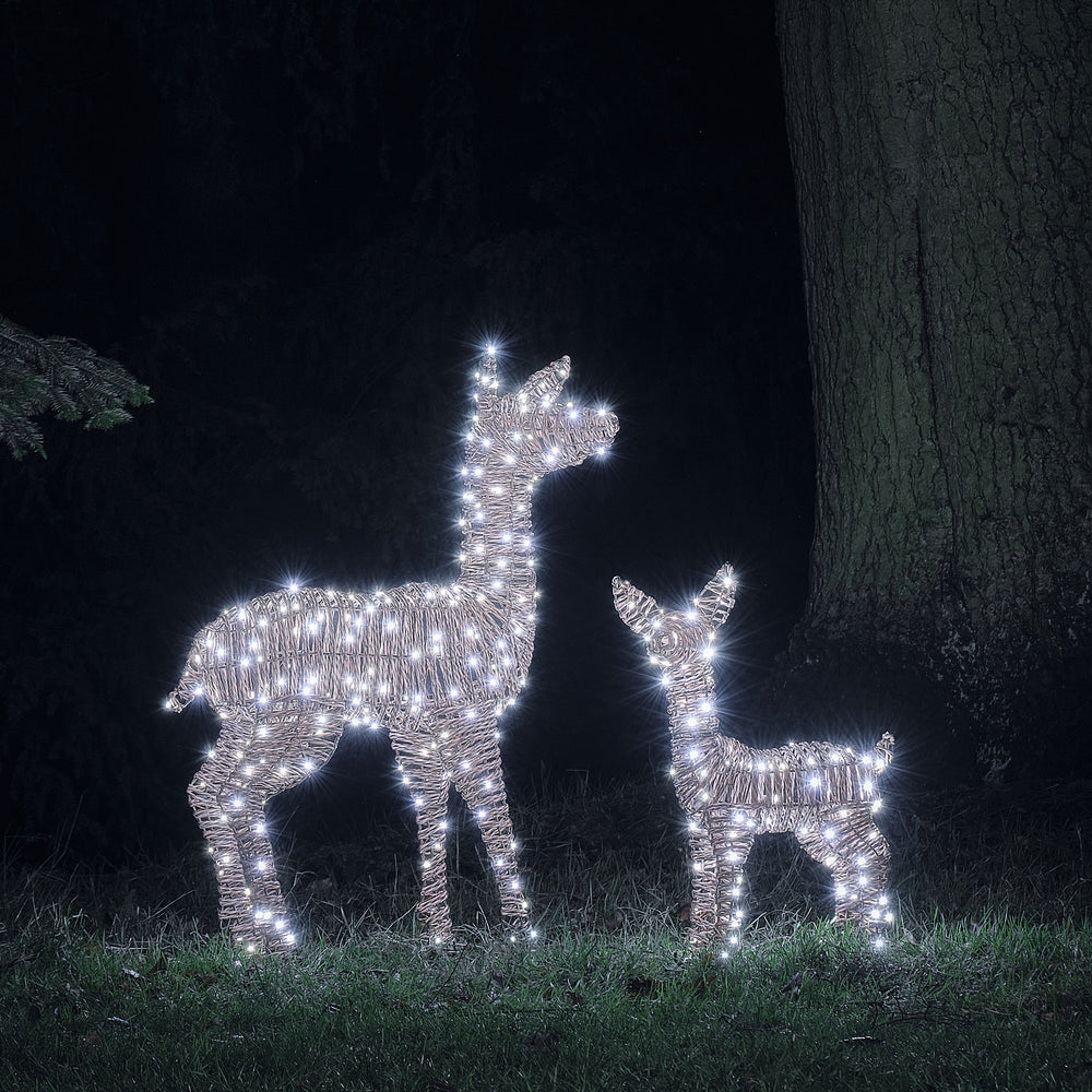 Zwei LED-Rentiere in Rattanoptik leuchten weiß im Garten bei Nacht