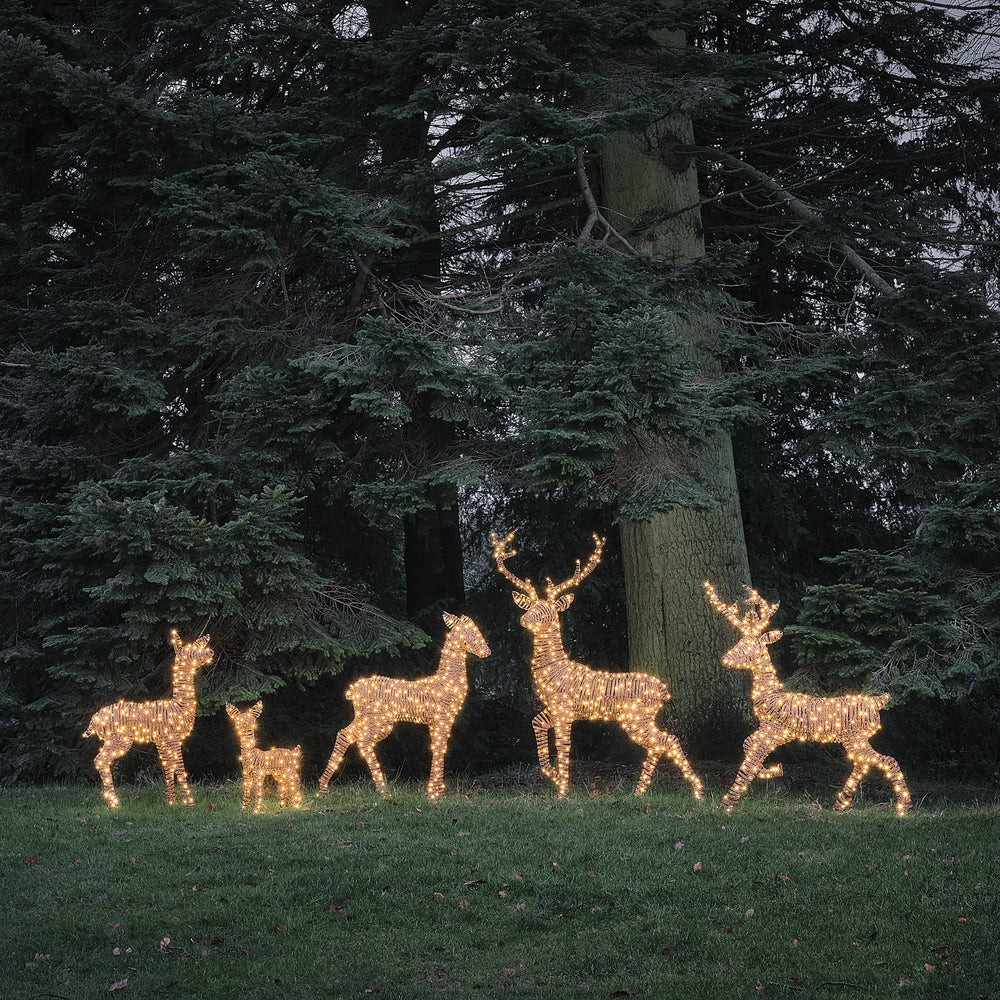 Fünf beleuchtete LED-Rentierfiguren in warmweiß vor großen Bäumen im Garten