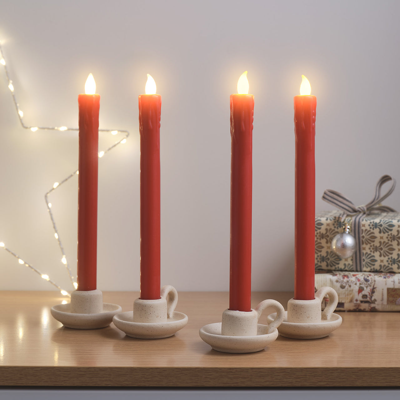 2er Set LED Tafelkerzen Echtwachs Rot mit Fernbedienung