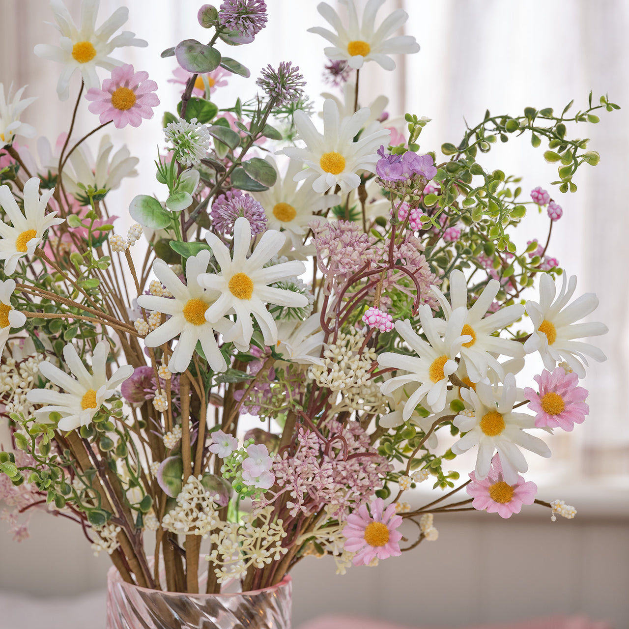 3er Set Kunstblumensträuße „Daisy Dreams“ mit Keramikvase 30 cm in Rosé
