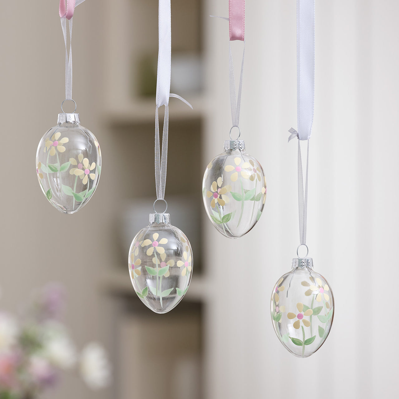 4er Set Glas-Ostereier mit Blumenmotiv zum Aufhängen