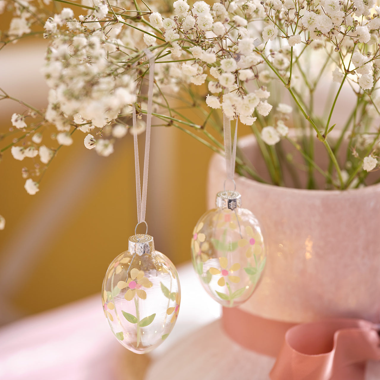 4er Set Glas-Ostereier mit Blumenmotiv zum Aufhängen
