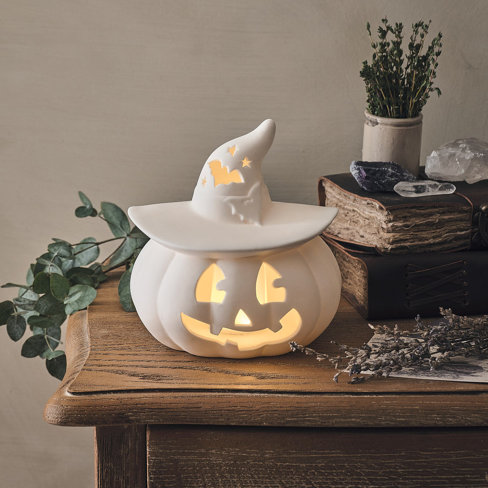 LED Halloween Kürbis aus Porzellan mit Timer beleuchtet