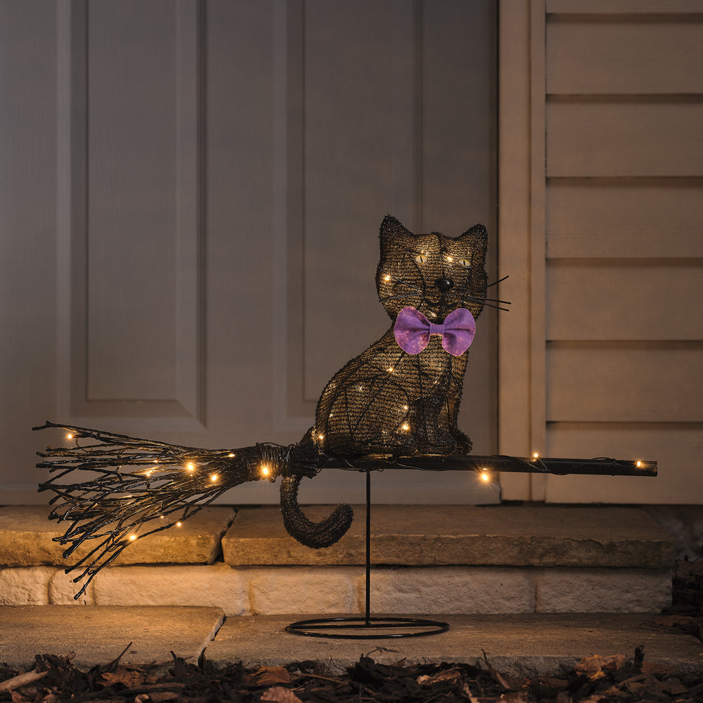 LED-Halloween-Katze auf Besen mit Timer für den Außenbereich