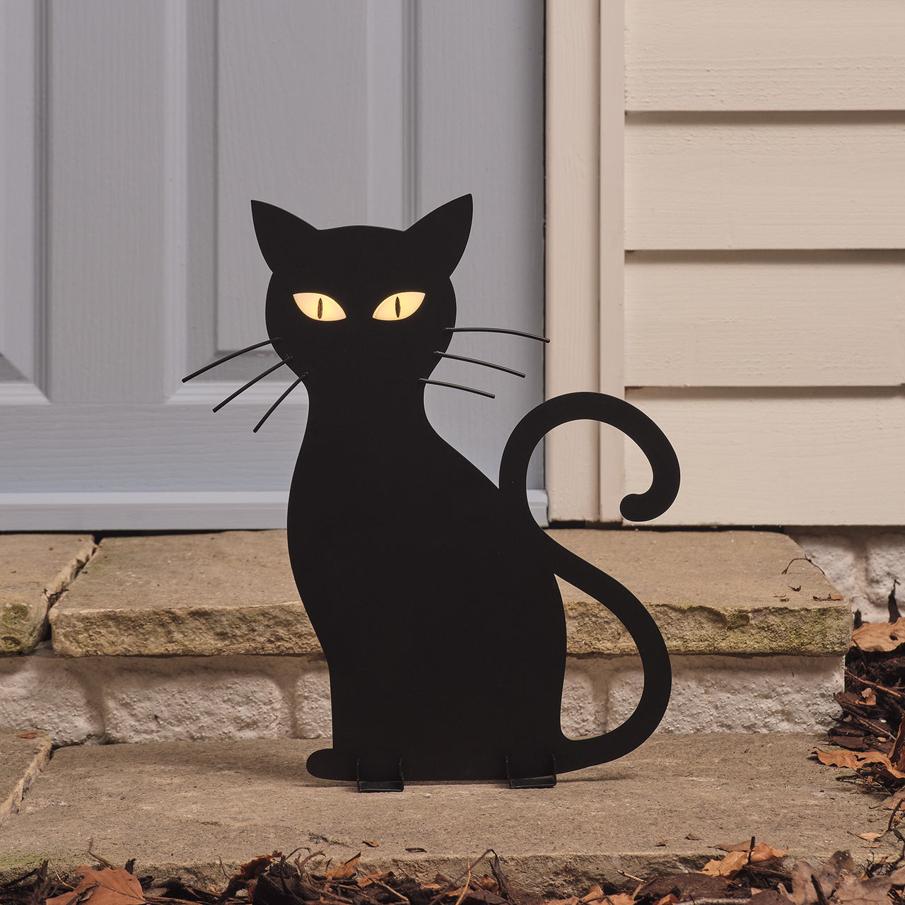 LED-Halloween-Katze Caleb mit Gartenstecker für den Außenbereich beleuchtet am Tag