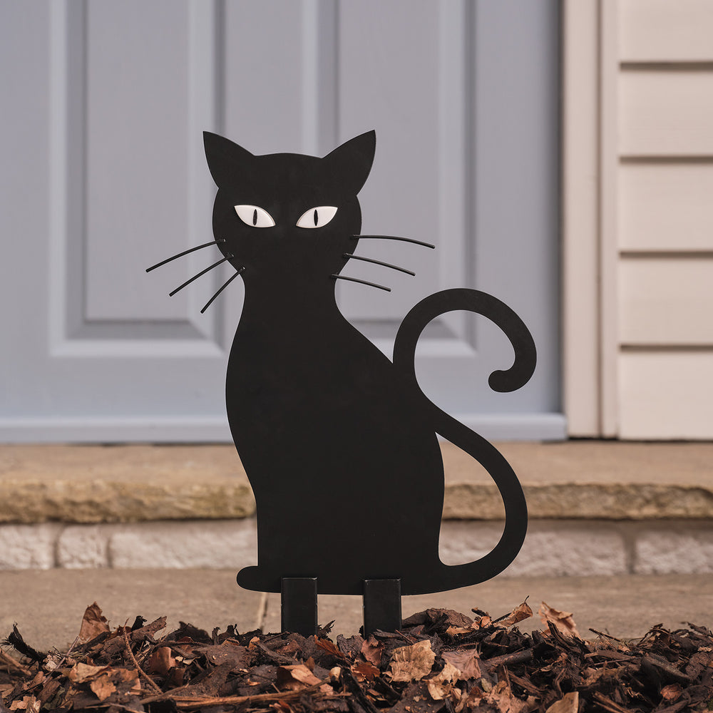 LED-Halloween-Katze Caleb mit Gartenstecker für den Außenbereich unbeleuchtet am Tag