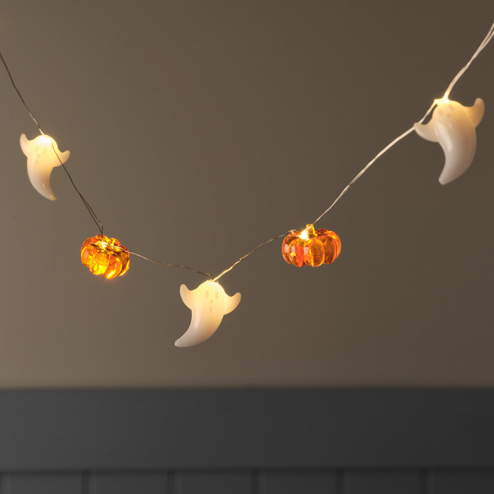 20er Halloween LED-Mikro-Lichterkette Geister & Kürbisse mit Timer beleuchtet