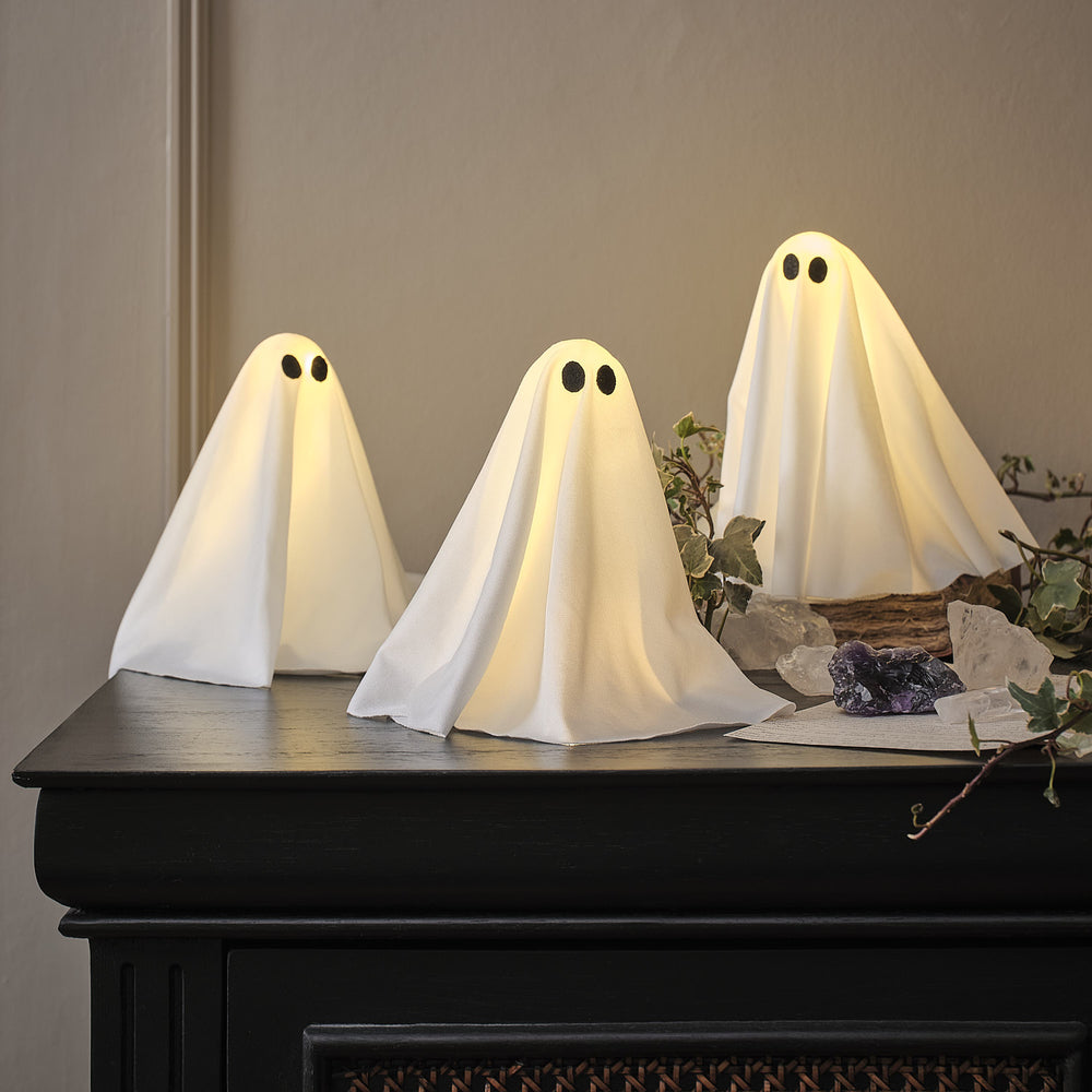 3er Set Mini LED-Halloween-Geister mit 6h-Timer beleuchtet