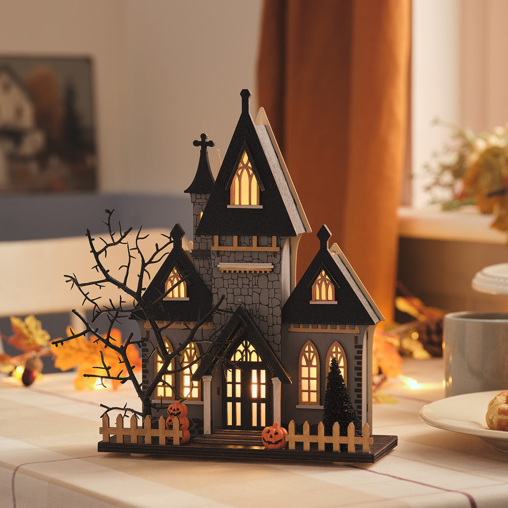 LED Halloween Haus aus Holz mit 6-Stunden-Timer