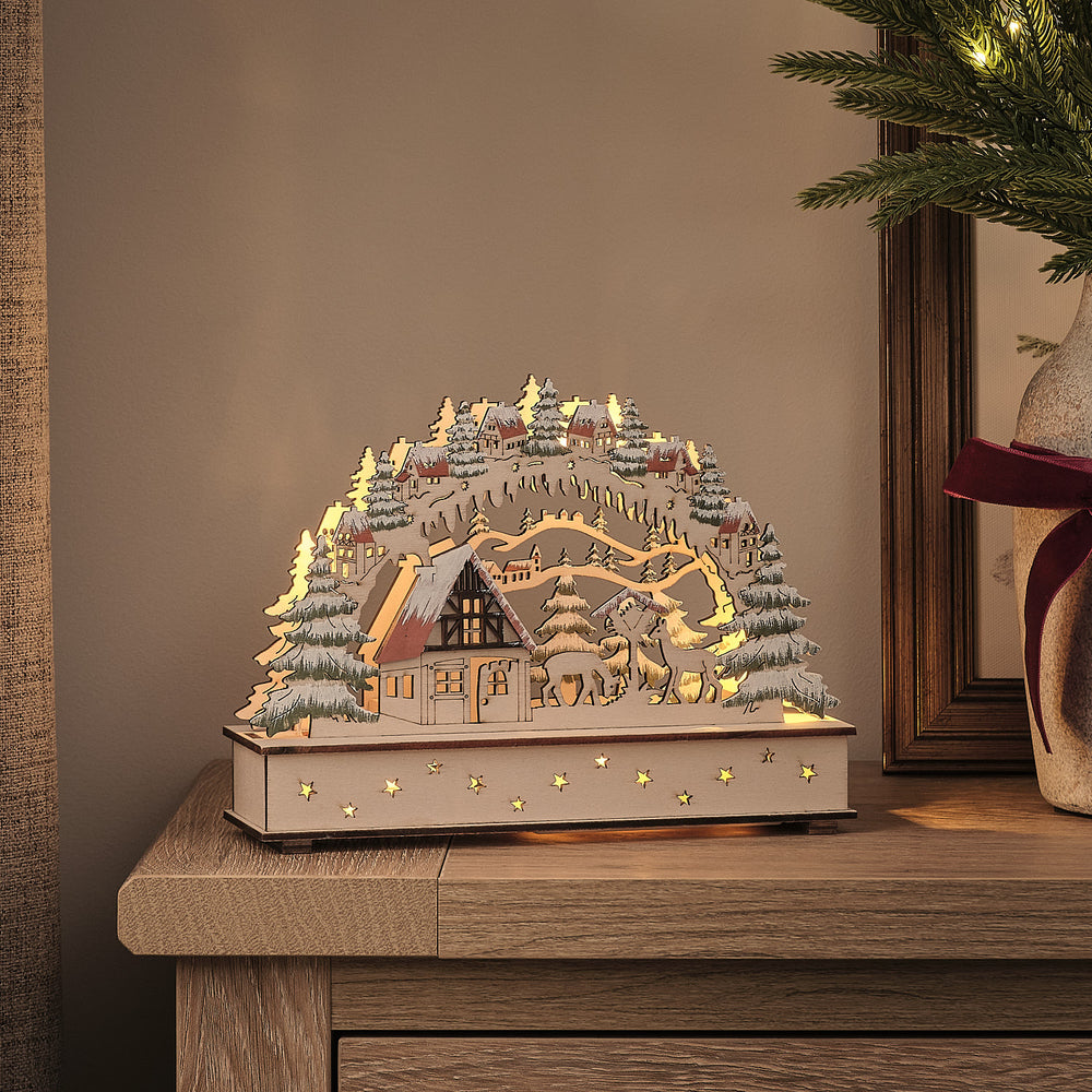LED-Weihnachtsdorf aus Holz mit Rentieren und Timer