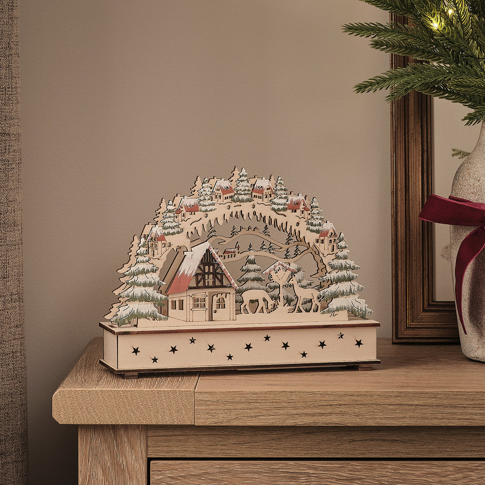 LED-Weihnachtsdorf aus Holz mit Rentieren und Timer unbeleuchtet