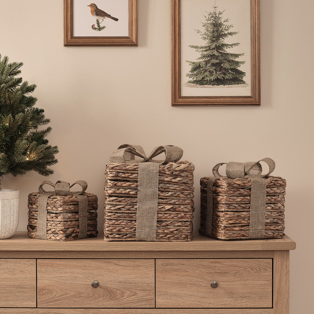 3er Set Mikro-LED-Geschenkboxen aus Jute mit Timer für innen unbeleuchtet