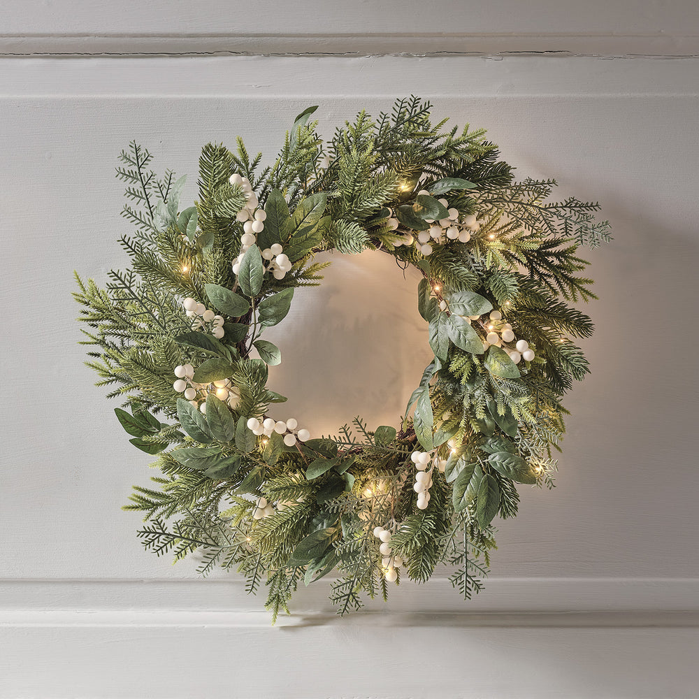 50cm Weihnachtskranz weiße Beeren mit Beleuchtung