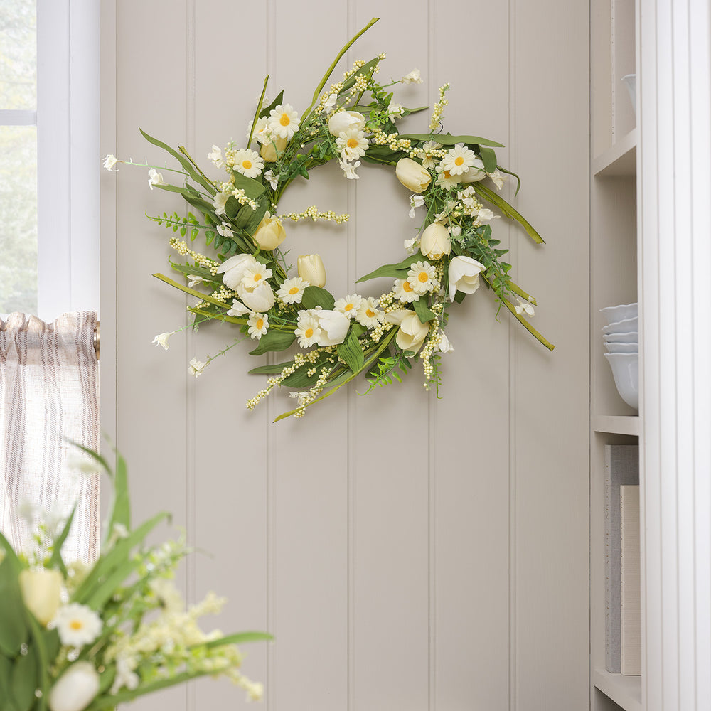 45cm LED‑Frühlingskranz mit Tulpen & Gänseblümchen in Gelb