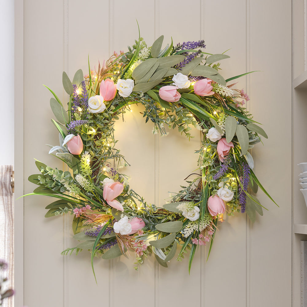 Batteriebetriebener LED-Tulpenkranz 55cm mit Lavendel & Rosen