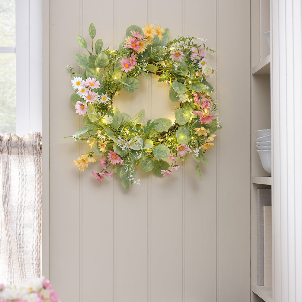 Beleuchteter 40cm LED‑Frühlingskranz mit Gänseblümchen & Timer