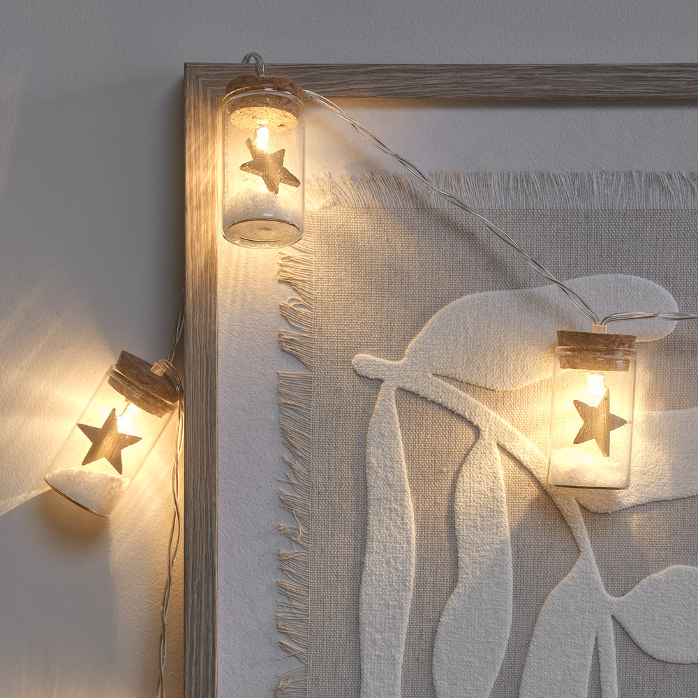 10er LED-Lichterkette Laterne mit Sternen aus Glas in Gold