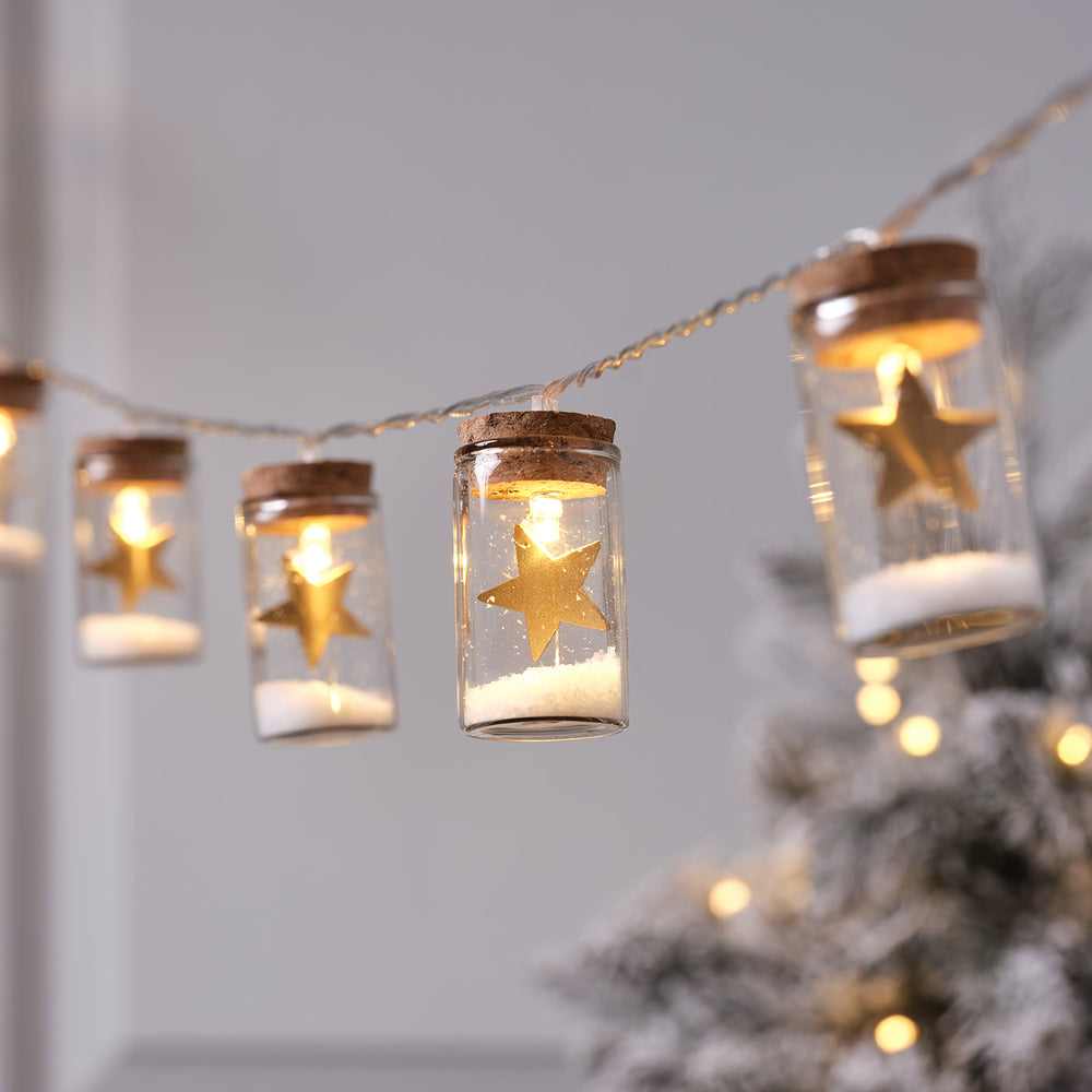 10er LED-Lichterkette Laterne mit Sternen aus Glas in Gold