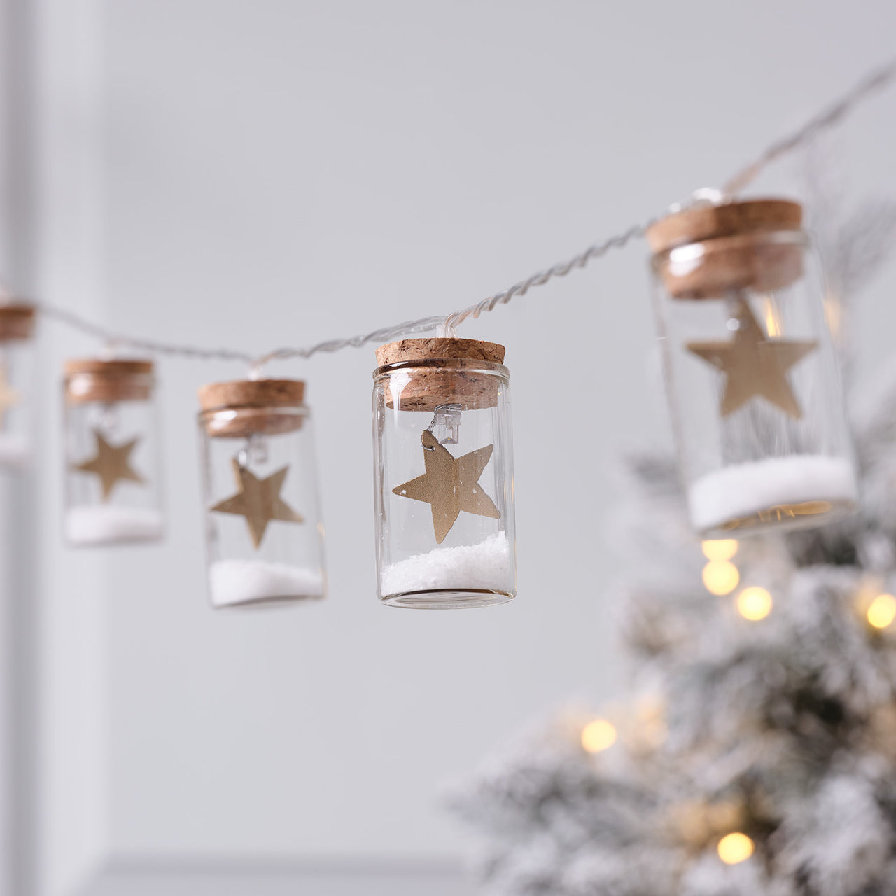 10er LED-Lichterkette Laterne mit Sternen aus Glas in Gold