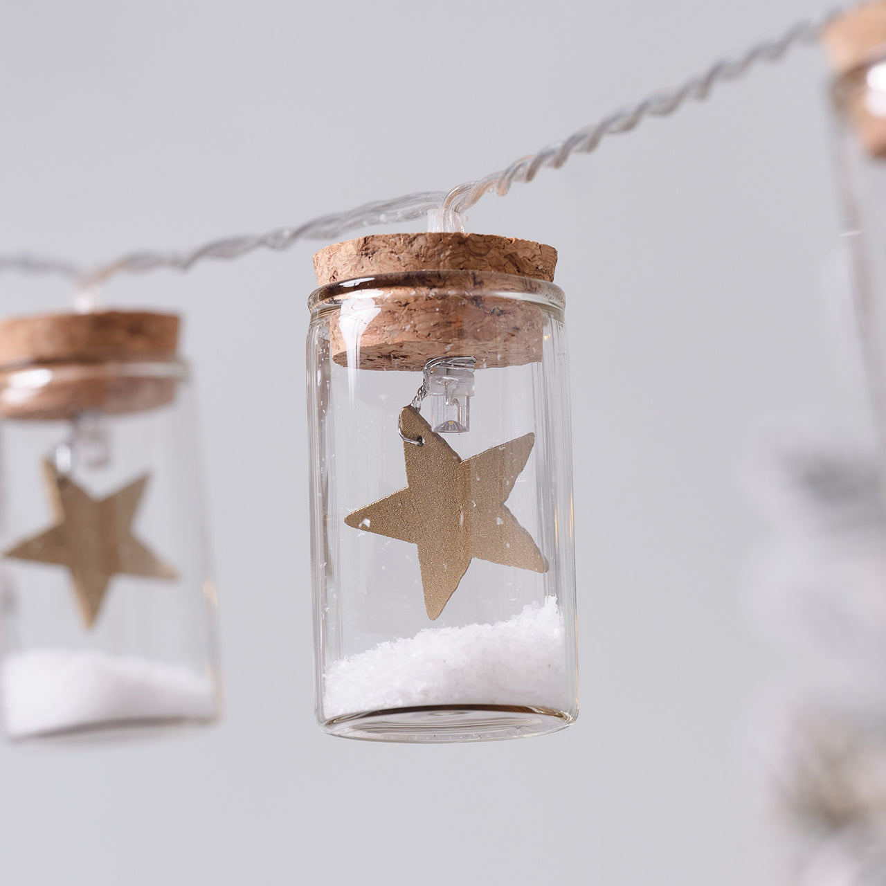 10er LED-Lichterkette Laterne mit Sternen aus Glas in Gold