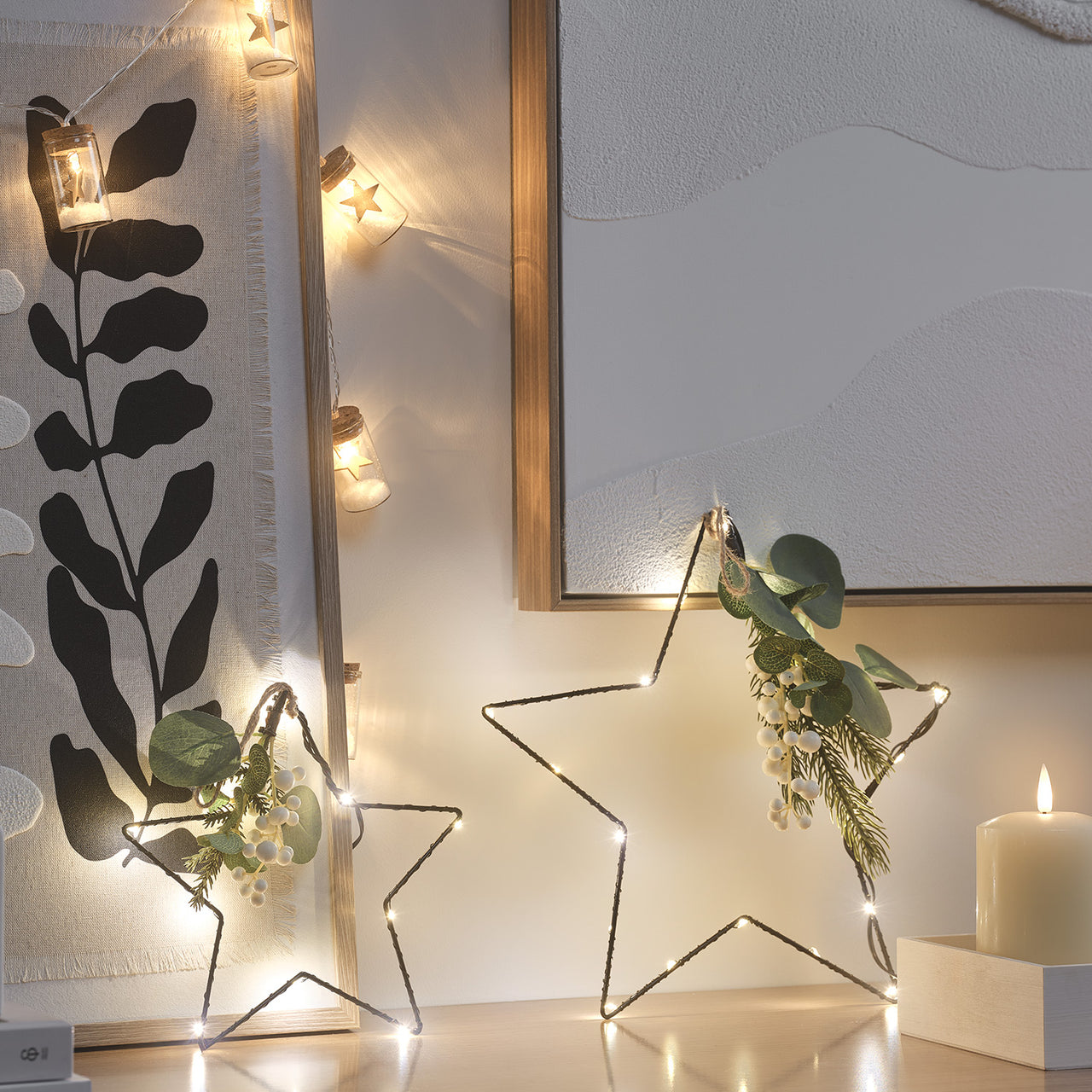 2er Set LED-Sterne mit Blättern zum Aufhängen