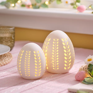 2er Set LED-Porzellan-Eier mit Timer warmweiß