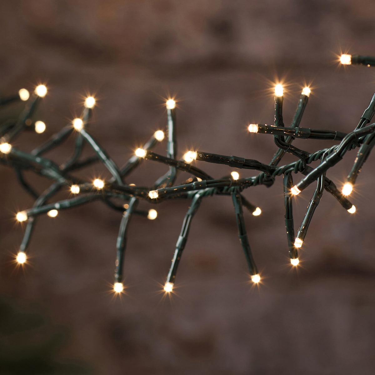 Nahaufnahme der warmweißen LEDs an grünem Kabel der LED-Cluster-Lichterkette für Außenbereich