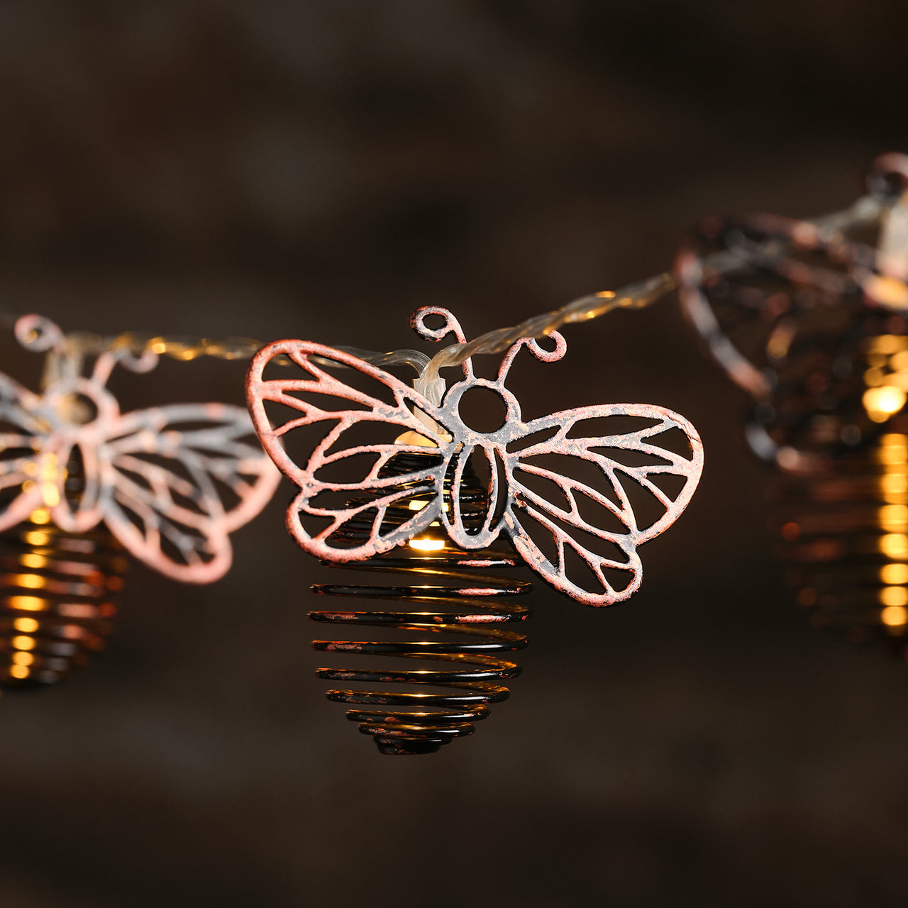 Bienen-Solar-Lichterkette mit 10 warmweißen LEDs aus Metall