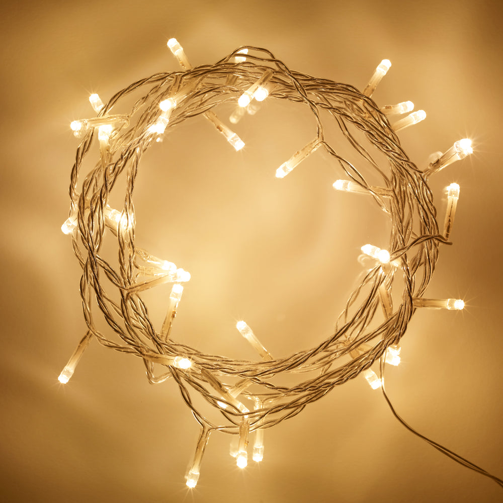 50er LED Lichterkette warmweiß transparentes Kabel