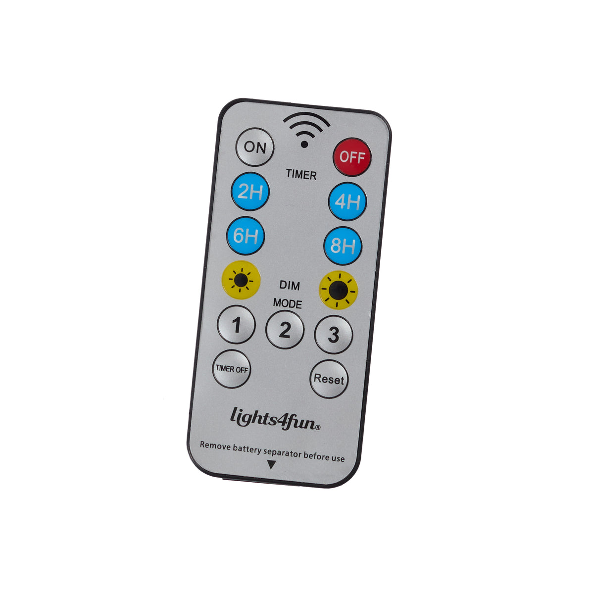 Fernbedienung mit Tasten für Ein/Aus, Timer, Dimmen und Lichtfarbe
