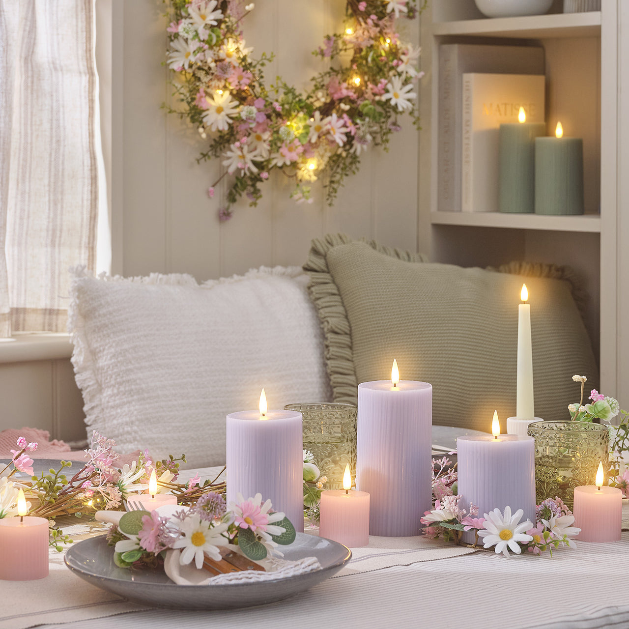 50cm LED‑Frühlingskranz mit Pastell‑Gänseblümchen