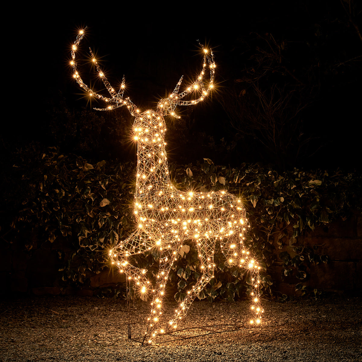 Großer Rentier-Dekohirsch mit warmweißen LEDs in Rattan-Optik bei Nacht