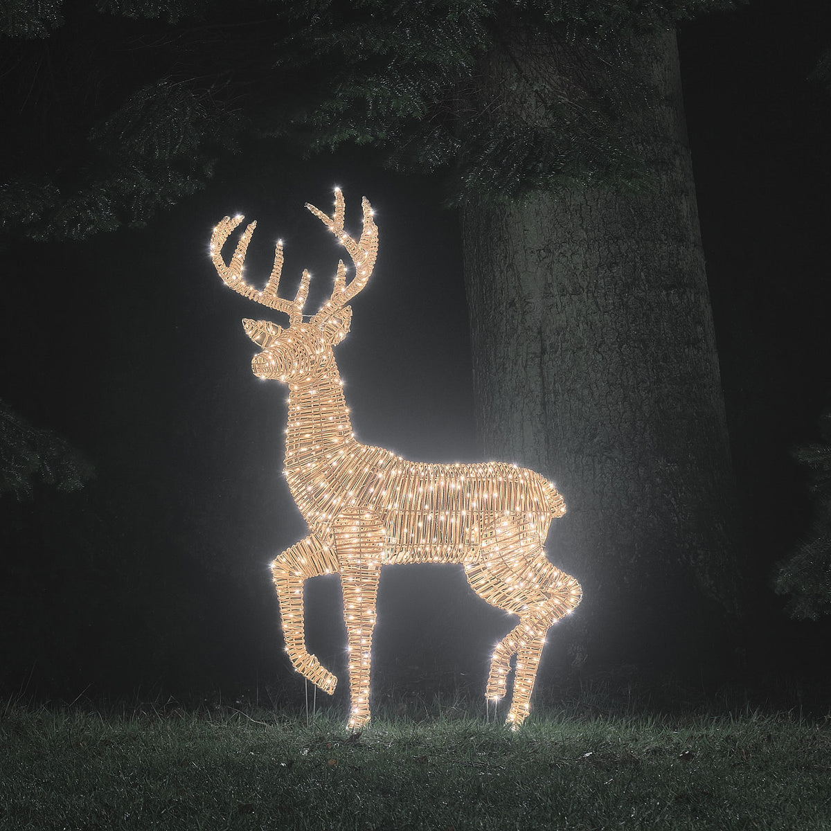 Leyburn XL Bicolor LED-Rentier Hirsch aus Rattan mit 600 Mikro-LEDs in Bicolor