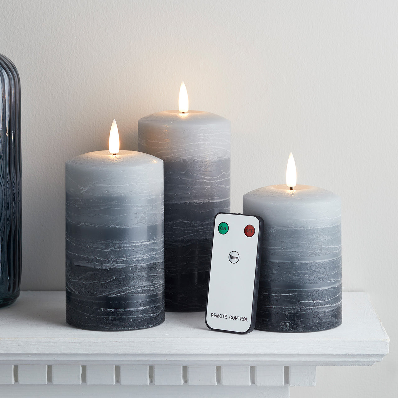 TruGlow® LED Kerzen Echtwachs Trio rustikal gestreift grau mit Fernbedienung