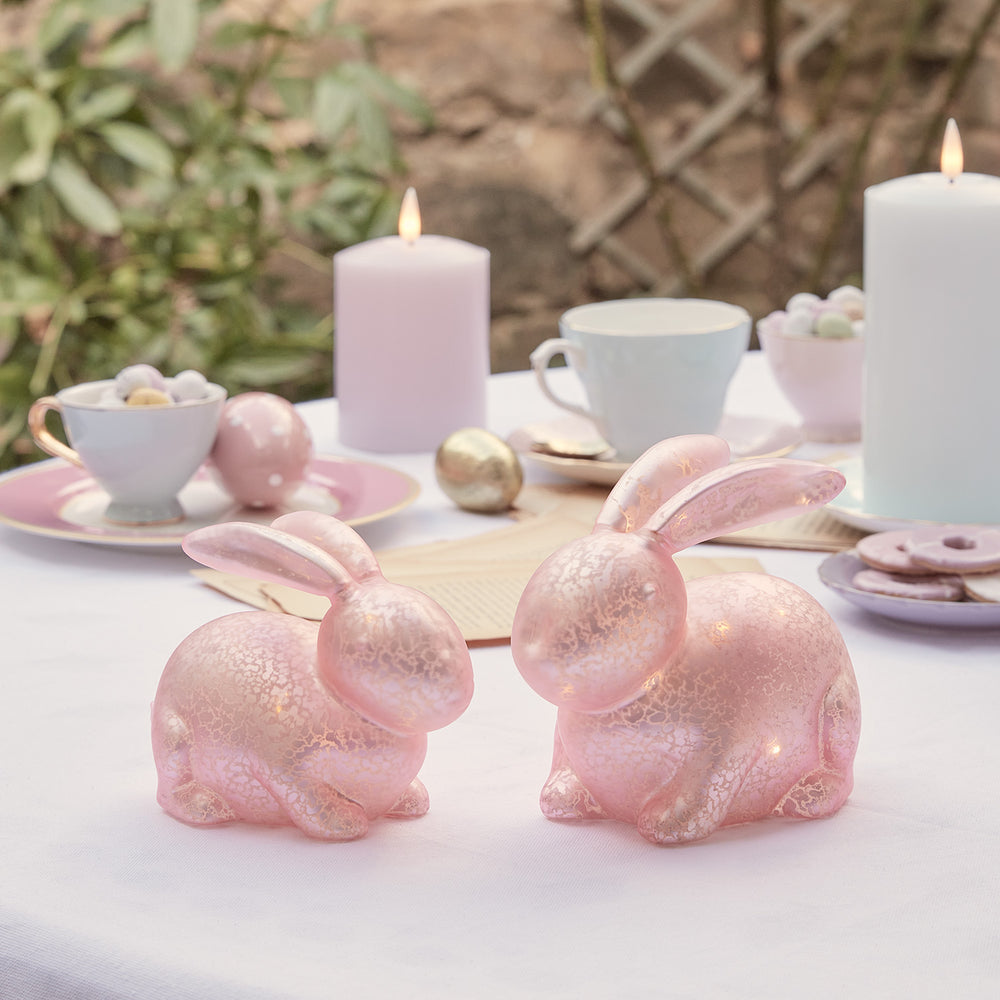 2er Set LED Osterdeko Hasen aus Glas pastellrosa